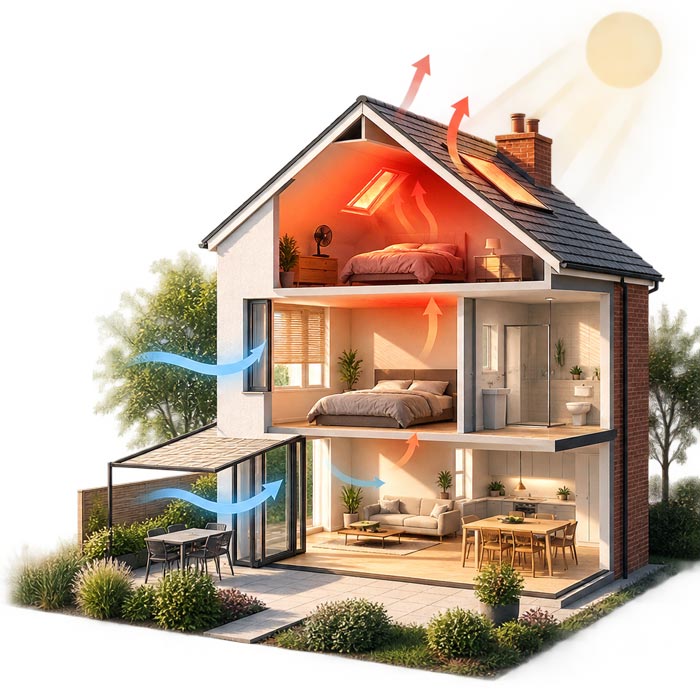 Cutaway of a house: heat stacking upstairs, cooler air moving in at ground level.