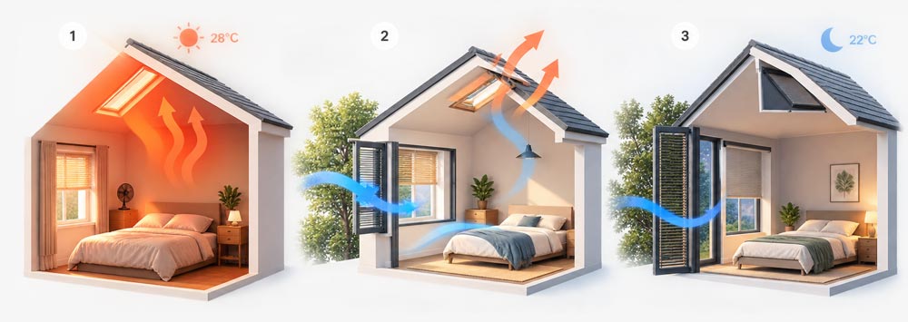 Three stages of a hot room: heat trapped by day, then purge through an open window and roof, then cooler night air.