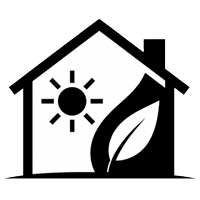 Eco-friendly house icon with sun and leaf, symbolizing sustainable energy and green living.